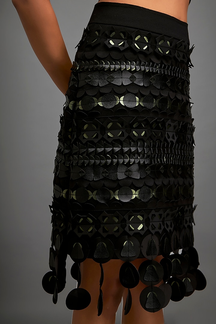 Black Vegan Leather Metallic Work Skirt Set by Deepika Arora at Pernia's Pop Up Shop