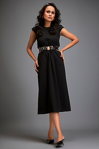 Black Ponte Roma Waist Cut-Out Dress With Belts by Deepika Arora