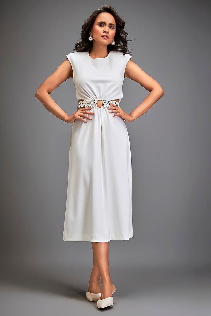 White Ponte Roma Waist Cut-Out Summer Dress With Belts by Deepika Arora at Pernia's Pop Up Shop