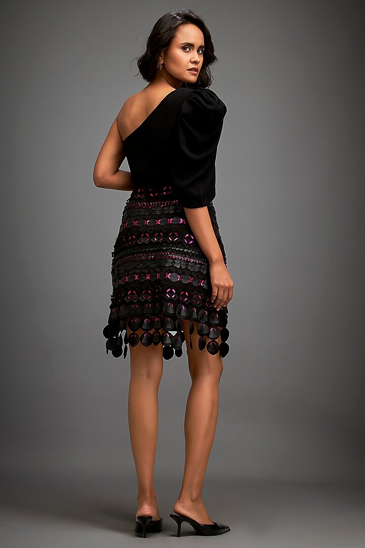 Black Vegan Leather Embellished Skirt Set by Deepika Arora at Pernia's Pop Up Shop