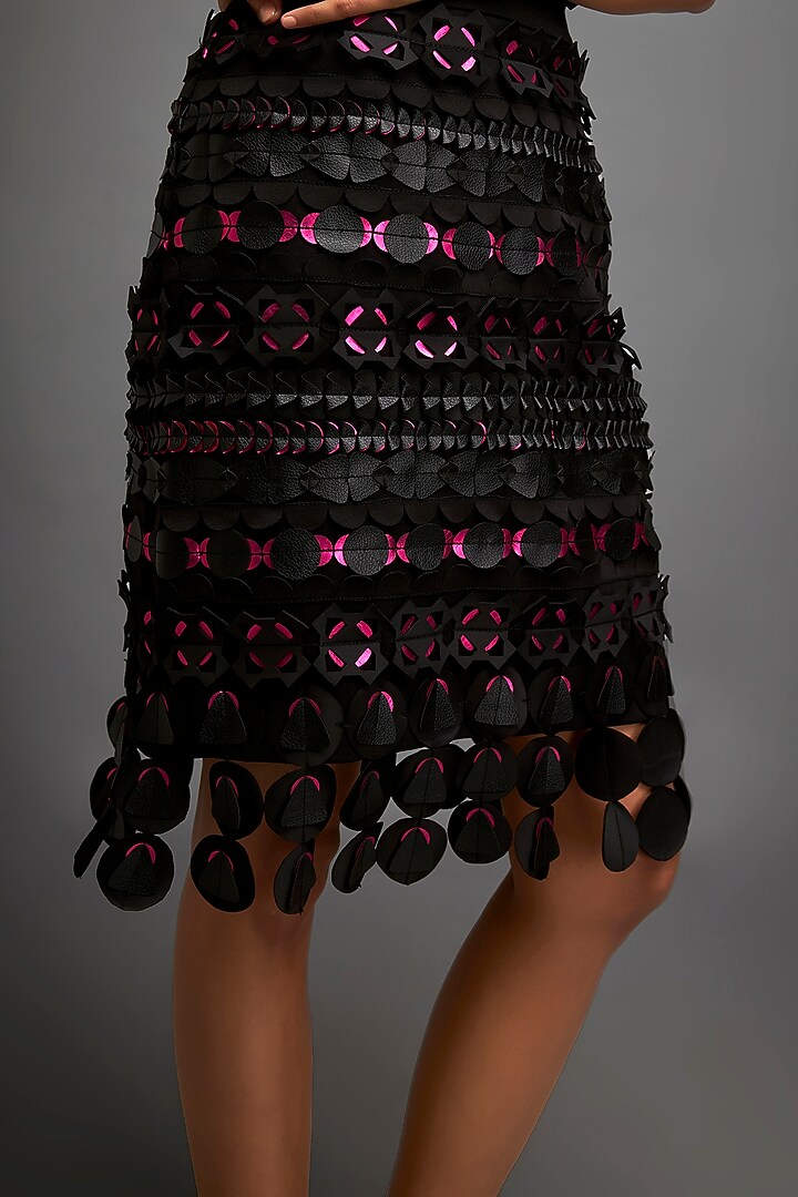 Black Vegan Leather Embellished Skirt Set by Deepika Arora at Pernia's Pop Up Shop