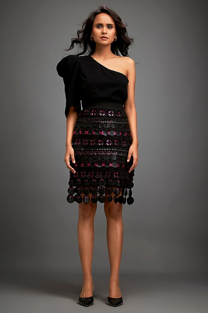 Black Vegan Leather Embellished Skirt by Deepika Arora at Pernia's Pop Up Shop