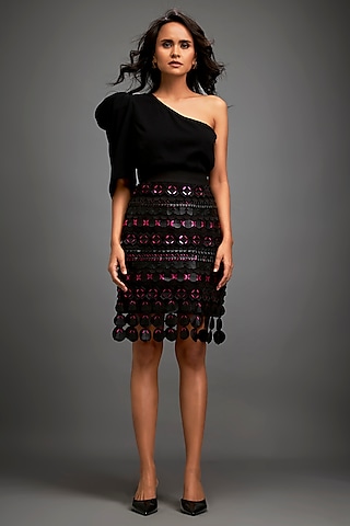 Black Vegan Leather Embellished Skirt by Deepika Arora