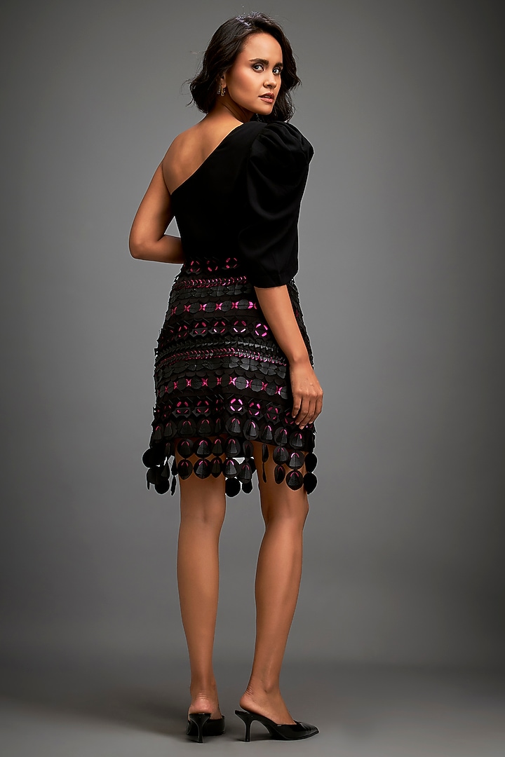 Black Vegan Leather Embellished Skirt by Deepika Arora at Pernia's Pop Up Shop