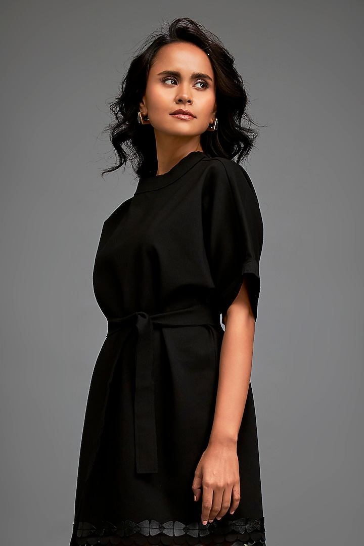 Black Ponte Roma Summer Dress With Belt by Deepika Arora at Pernia's Pop Up Shop