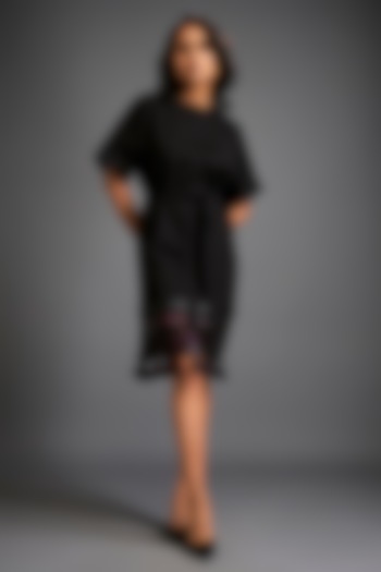 Black Ponte Roma Summer Dress With Belt by Deepika Arora at Pernia's Pop Up Shop