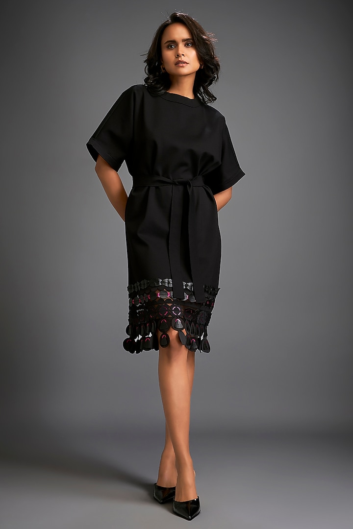 Black Ponte Roma Summer Dress With Belt by Deepika Arora at Pernia's Pop Up Shop