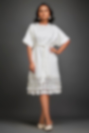 White Ponte Roma Summer Dress With Belt by Deepika Arora at Pernia's Pop Up Shop