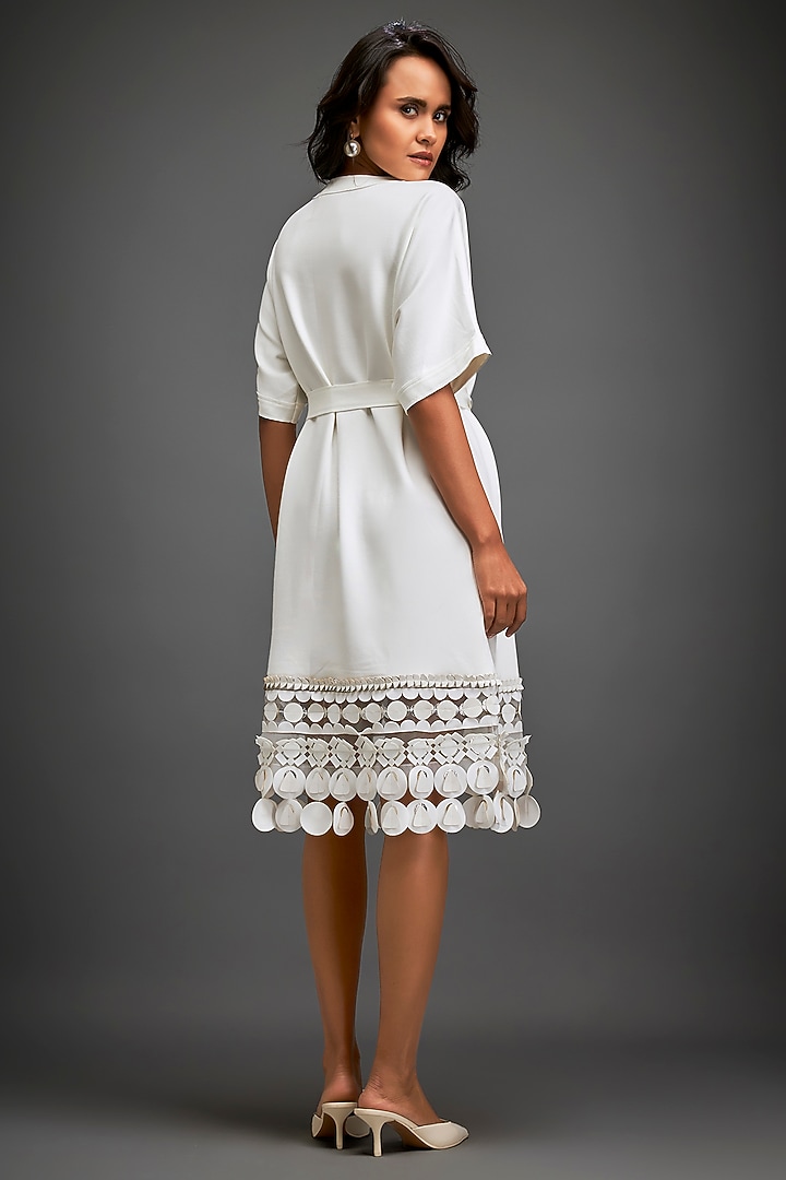 White Ponte Roma Summer Dress With Belt by Deepika Arora at Pernia's Pop Up Shop