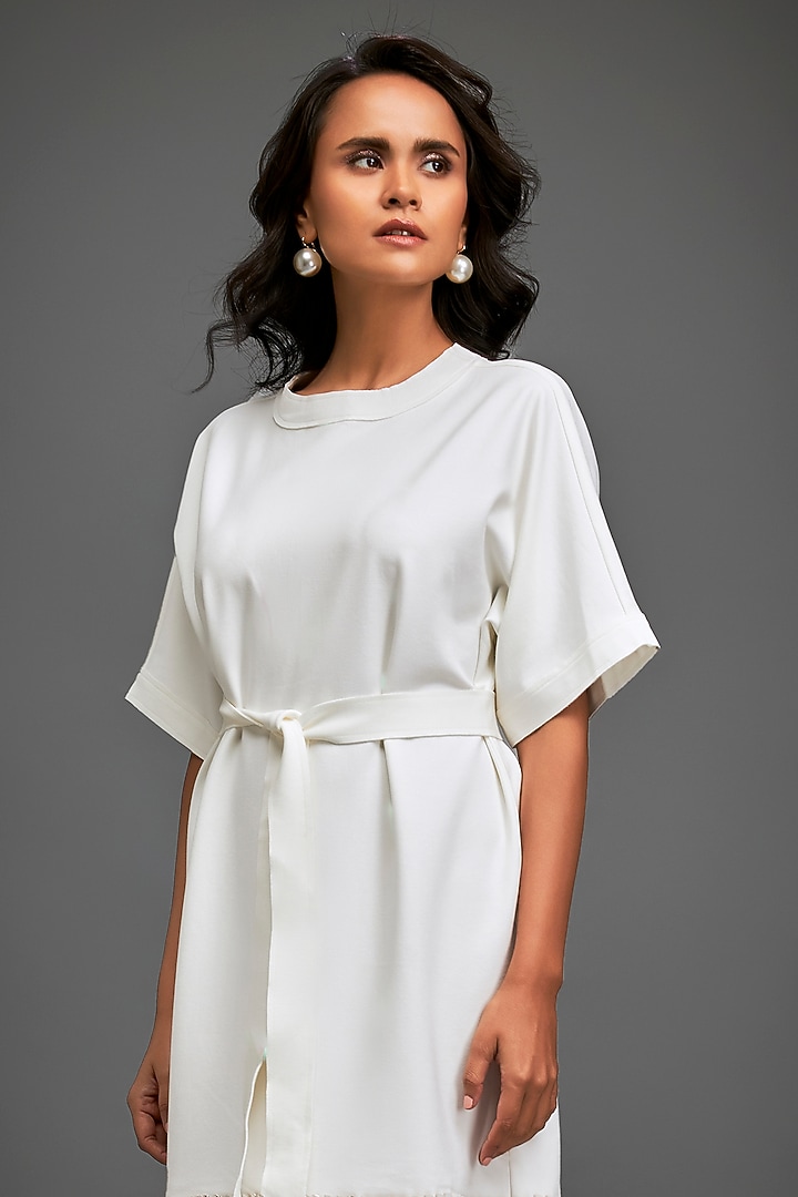 White Ponte Roma Summer Dress With Belt by Deepika Arora at Pernia's Pop Up Shop