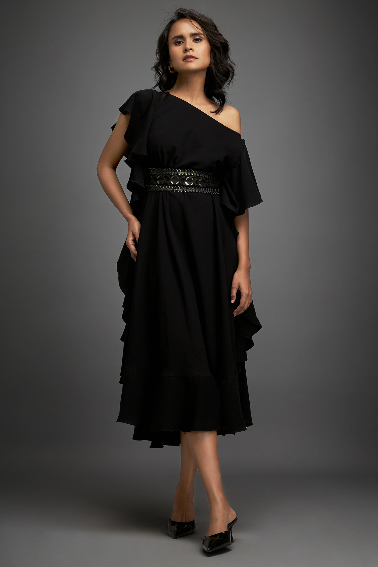 Black Georgette Off-Shoulder Asymmetric Summer Dress With Belt by Deepika Arora at Pernia's Pop Up Shop