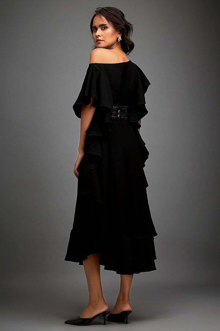 Black Georgette Off-Shoulder Asymmetric Summer Dress With Belt by Deepika Arora at Pernia's Pop Up Shop