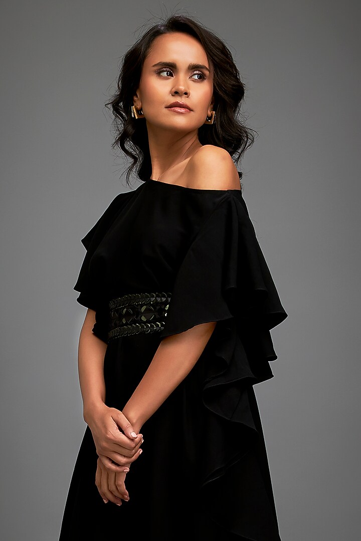 Black Georgette Off-Shoulder Asymmetric Summer Dress With Belt by Deepika Arora at Pernia's Pop Up Shop