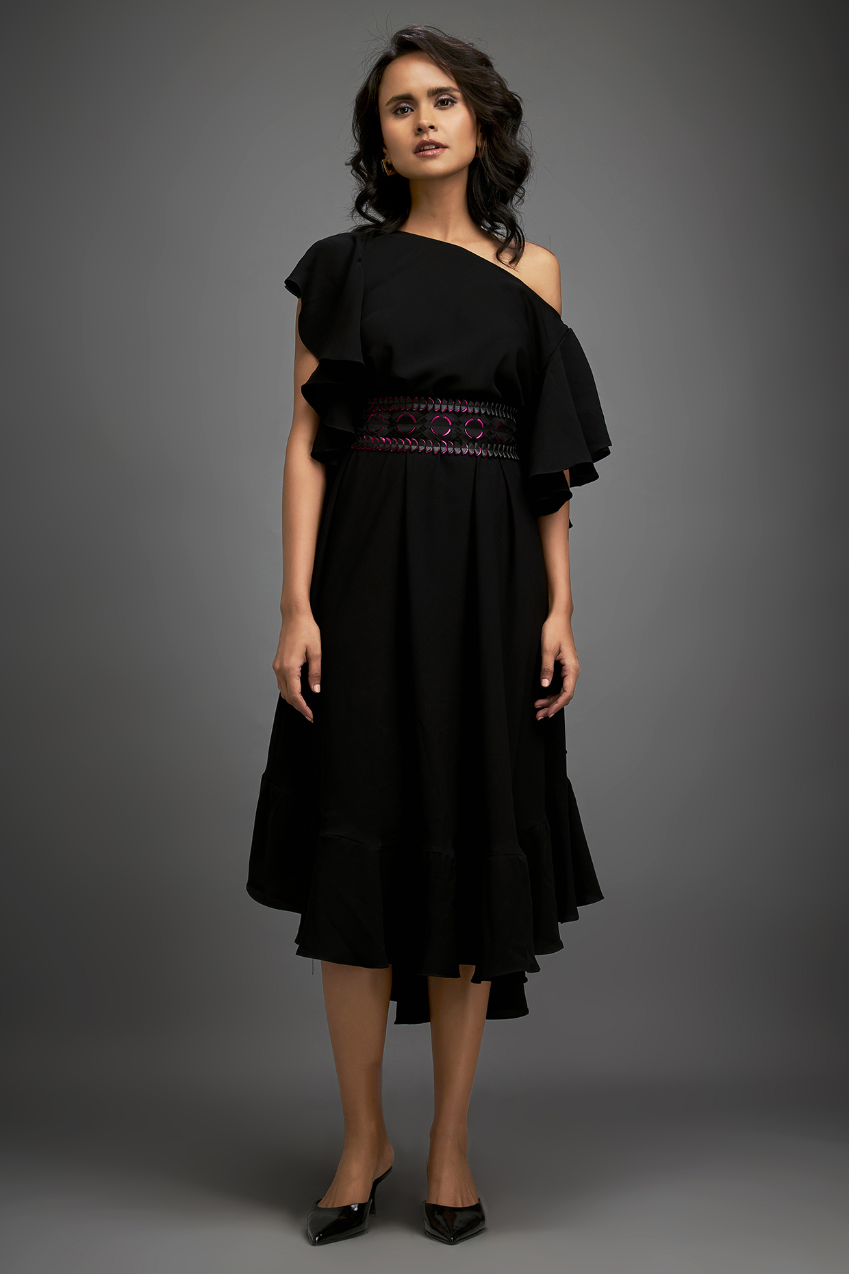 Black Georgette Off-Shoulder Asymmetric Summer Dress With Belt by Deepika Arora at Pernia's Pop Up Shop