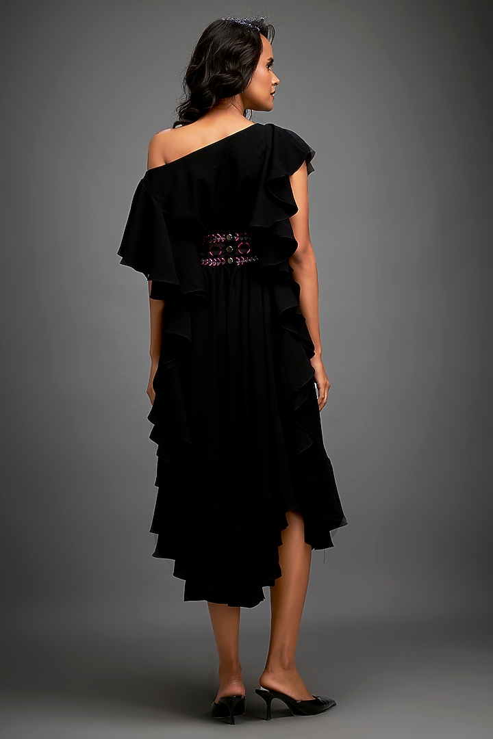 Black Georgette Off-Shoulder Asymmetric Summer Dress With Belt by Deepika Arora at Pernia's Pop Up Shop