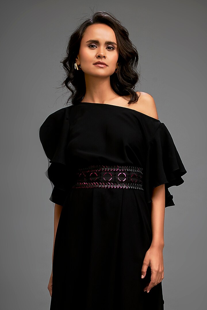 Black Georgette Off-Shoulder Asymmetric Summer Dress With Belt by Deepika Arora at Pernia's Pop Up Shop