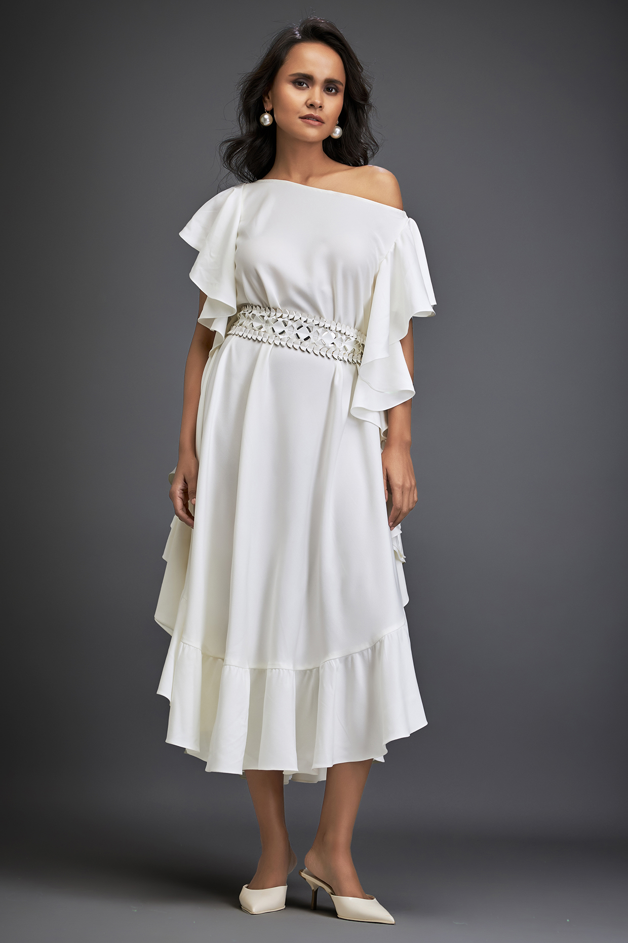 White Georgette Off-Shoulder Asymmetric Summer Dress With Belt by Deepika Arora at Pernia's Pop Up Shop