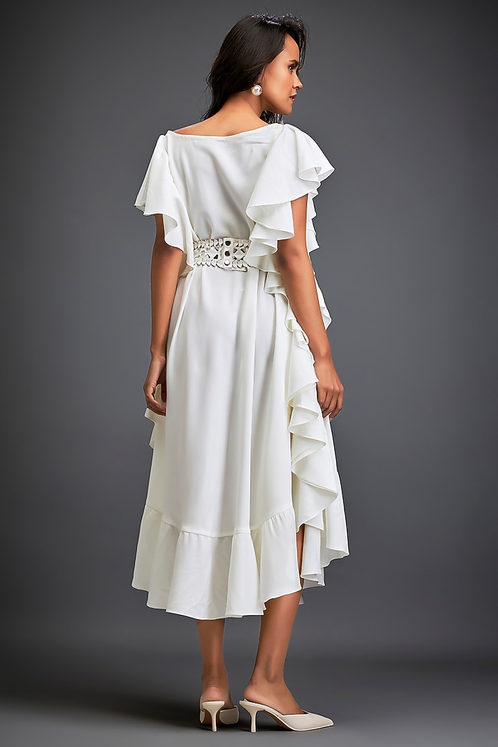 White Georgette Off-Shoulder Asymmetric Summer Dress With Belt by Deepika Arora at Pernia's Pop Up Shop