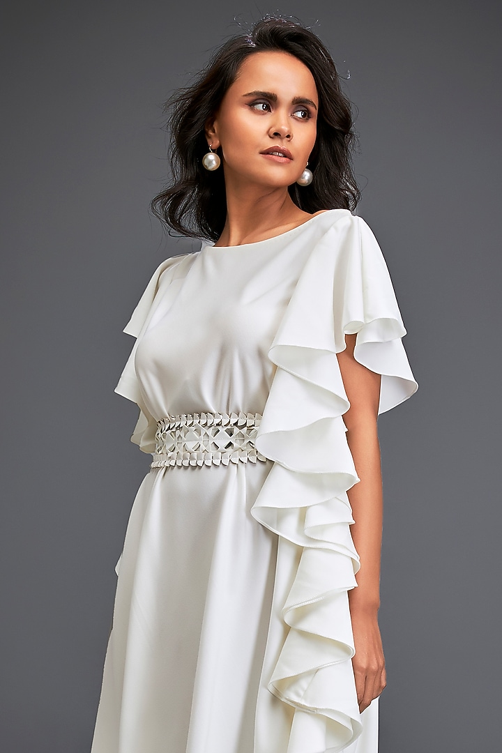 White Georgette Off-Shoulder Asymmetric Summer Dress With Belt by Deepika Arora at Pernia's Pop Up Shop