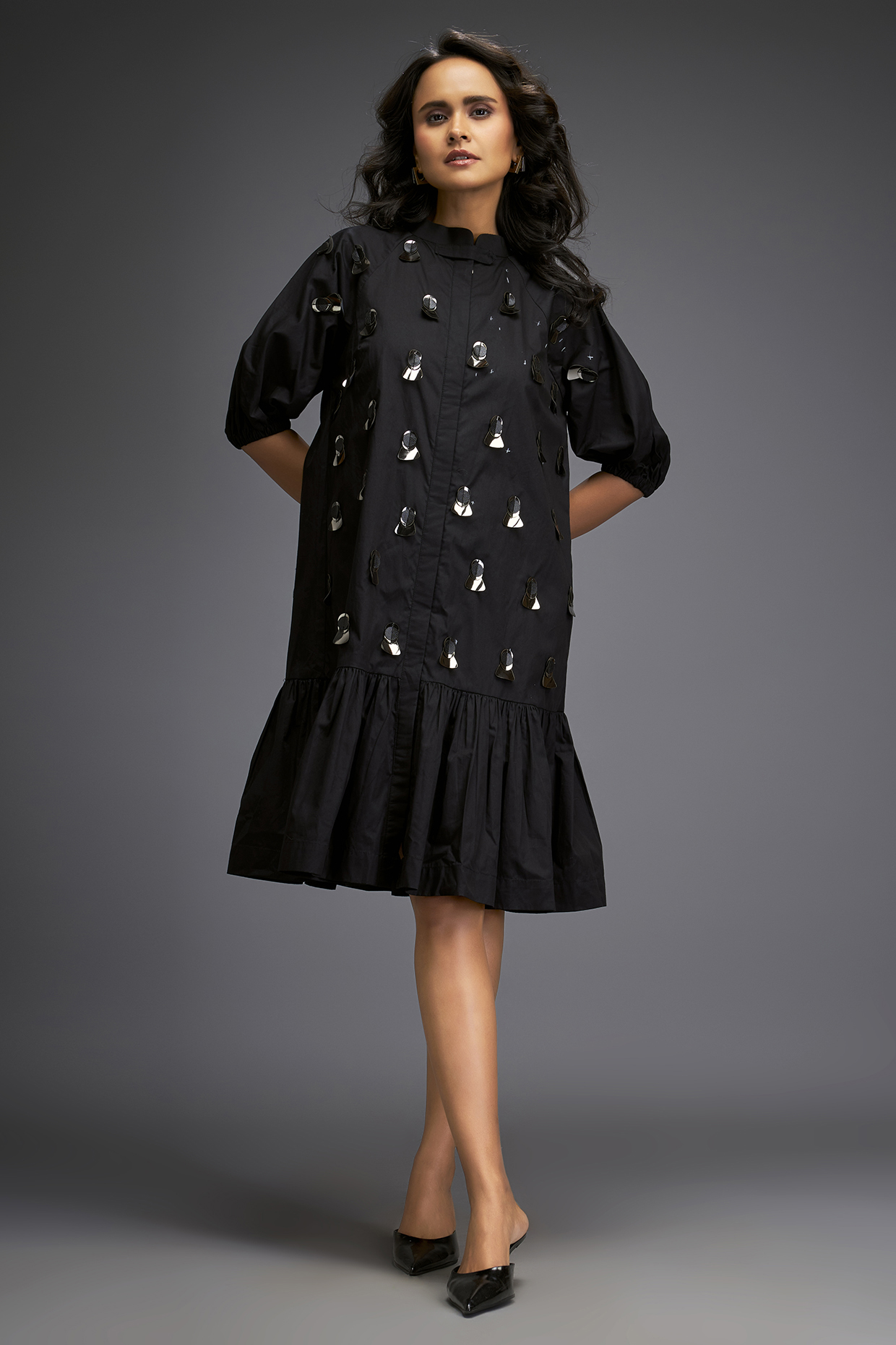 Black Cotton Voluminous Ruffled Summer Dress by Deepika Arora at Pernia's Pop Up Shop