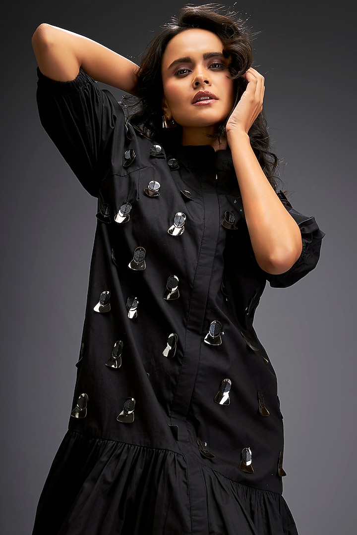 Black Cotton Voluminous Ruffled Summer Dress by Deepika Arora at Pernia's Pop Up Shop