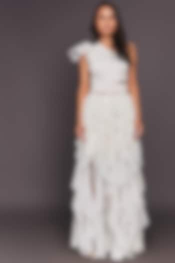 White One-Shoulder Ruffled Dress by Deepika Arora