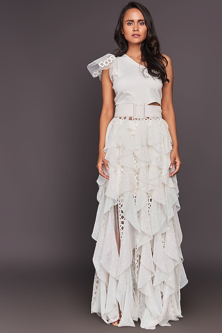 White One-Shoulder Ruffled Dress by Deepika Arora