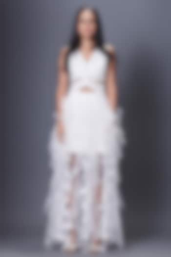 White Net Machine Embroidered Sleeveless Ruffled Dress by Deepika Arora