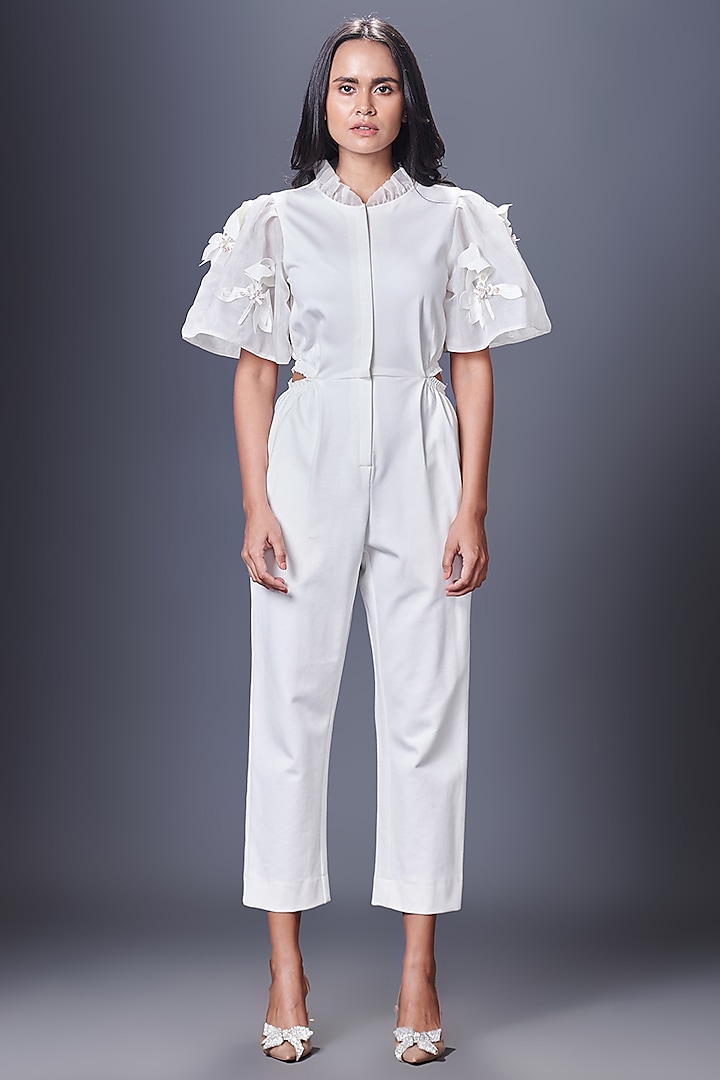 White Net Hand Embroidered Cut-Out Jumpsuit by Deepika Arora