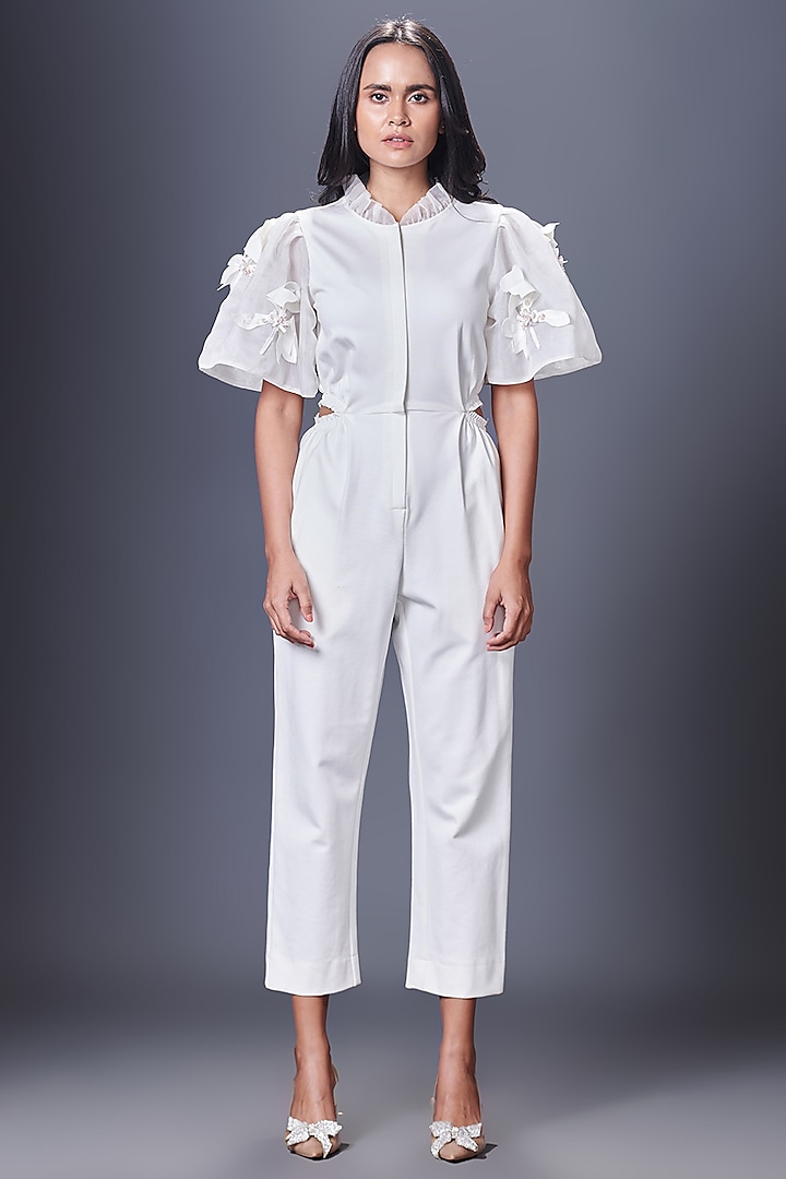 White Net Hand Embroidered Cut-Out Jumpsuit by Deepika Arora at Pernia's Pop Up Shop