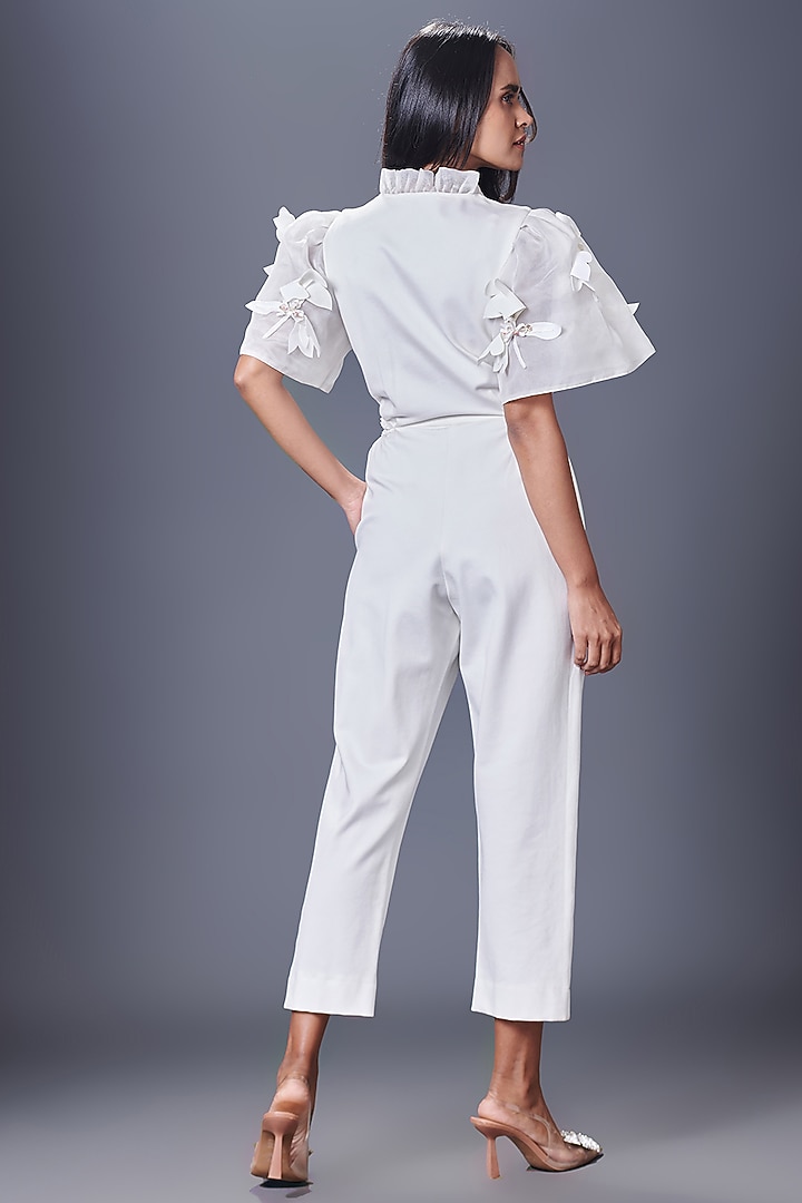 White Net Hand Embroidered Cut-Out Jumpsuit by Deepika Arora at Pernia's Pop Up Shop