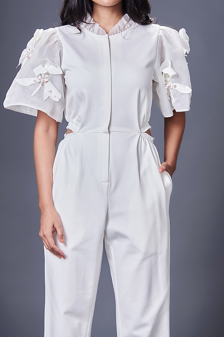 White Net Hand Embroidered Cut-Out Jumpsuit by Deepika Arora at Pernia's Pop Up Shop