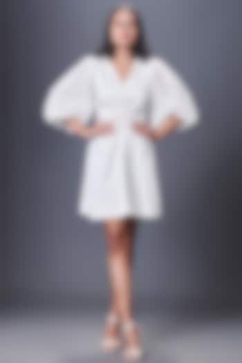 White Ponte Roma & Georgette Cutwork Mini Dress With Belt by Deepika Arora