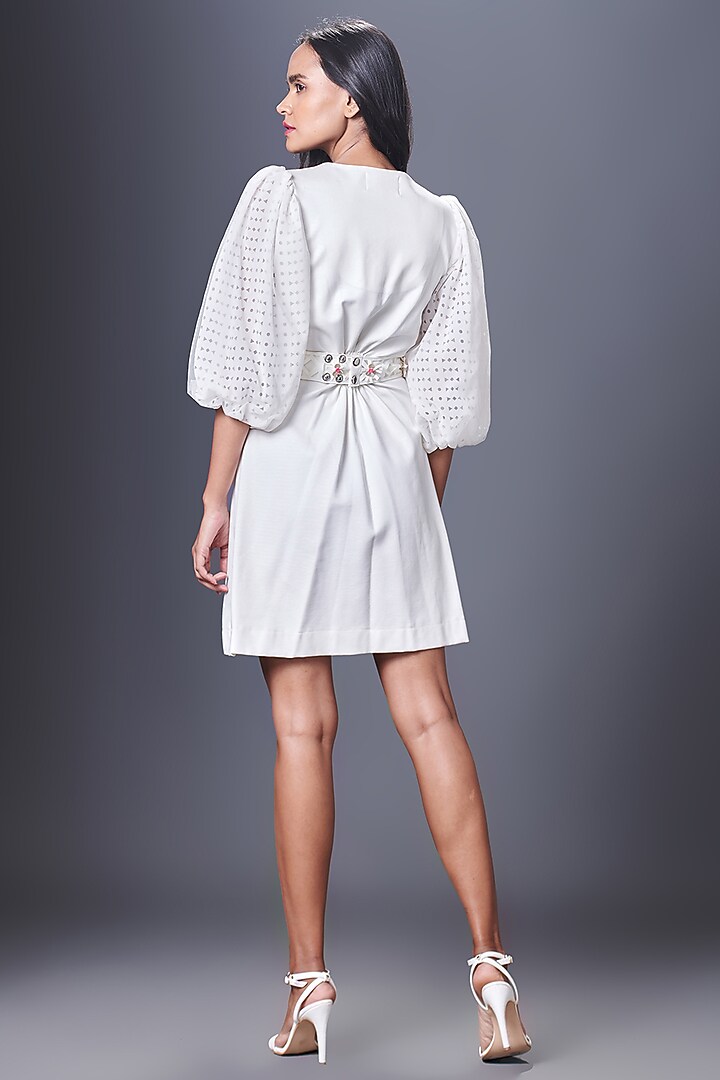 White Ponte Roma & Georgette Cutwork Mini Summer Dress With Belt by Deepika Arora at Pernia's Pop Up Shop