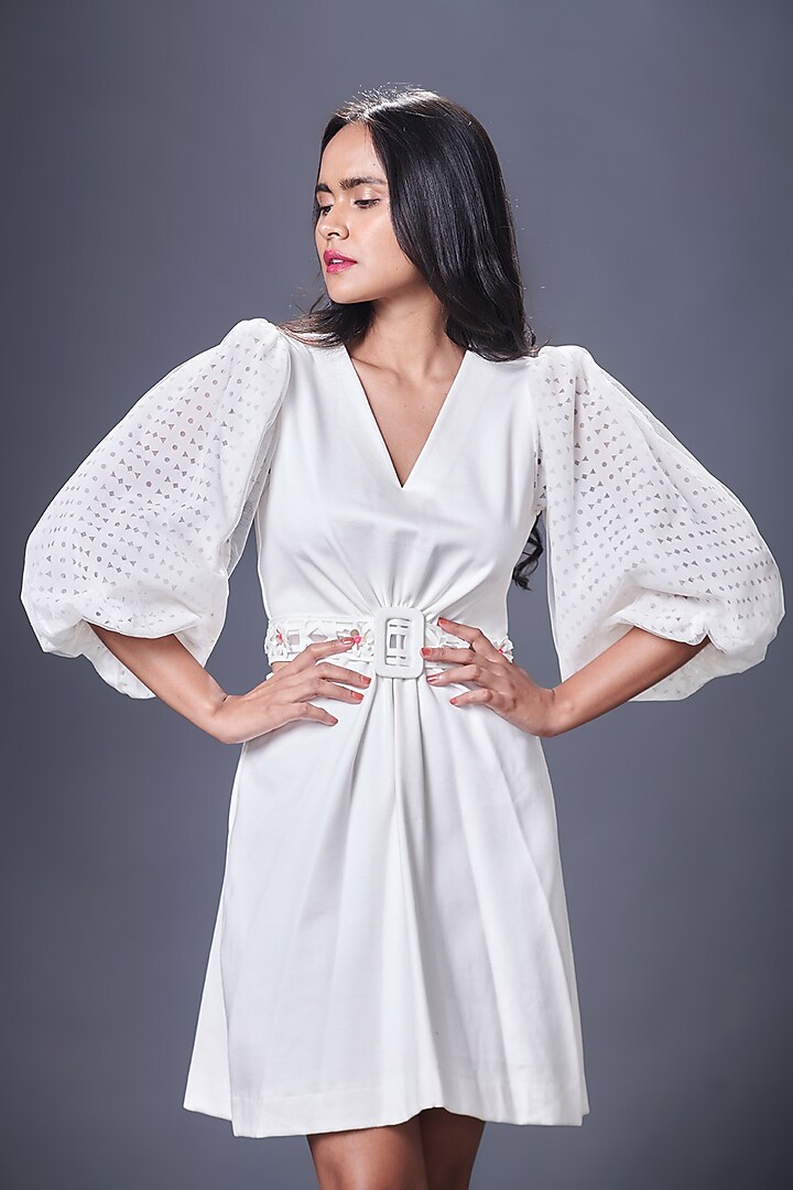 White Ponte Roma & Georgette Cutwork Mini Summer Dress With Belt by Deepika Arora at Pernia's Pop Up Shop