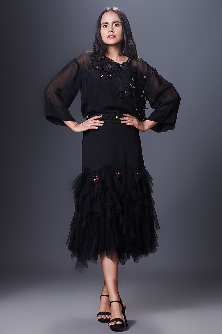 Black Organza Ruffled Skirt Set by Deepika Arora