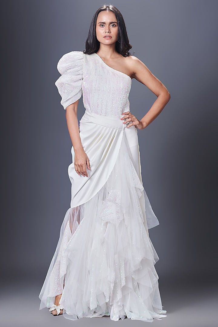 White Ponte Roma & Net High-Low Maxi Skirt Set by Deepika Arora