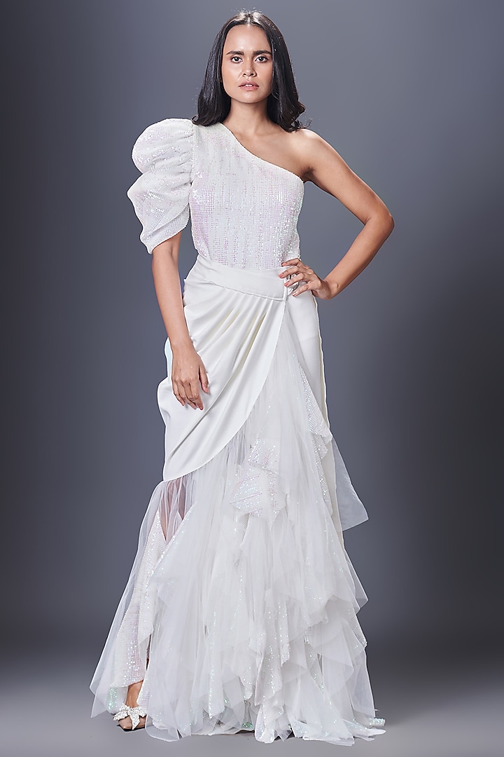 White Ponte Roma & Net High-Low Maxi Skirt Set by Deepika Arora at Pernia's Pop Up Shop