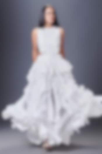 White Ponte Roma & Net Ruffled Maxi Dress by Deepika Arora