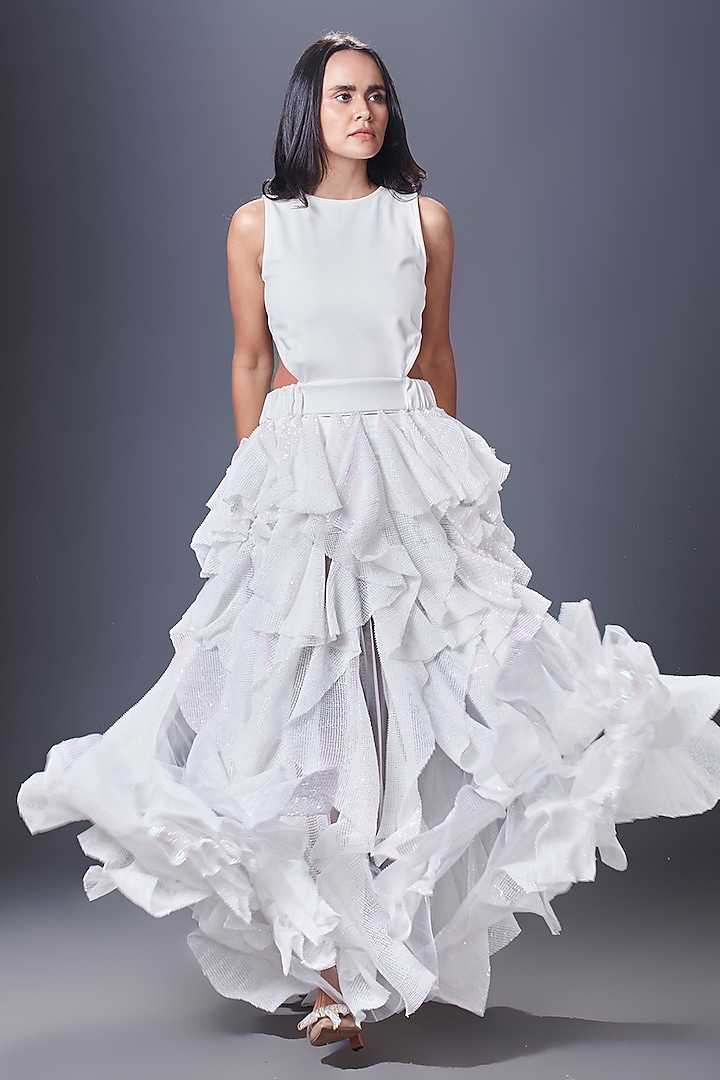 White Ponte Roma & Net Ruffled Maxi Dress by Deepika Arora