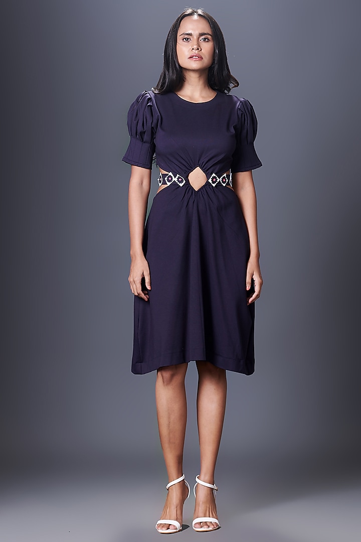 Navy Blue Ponte Roma Knee-Length Dress With Belt by Deepika Arora