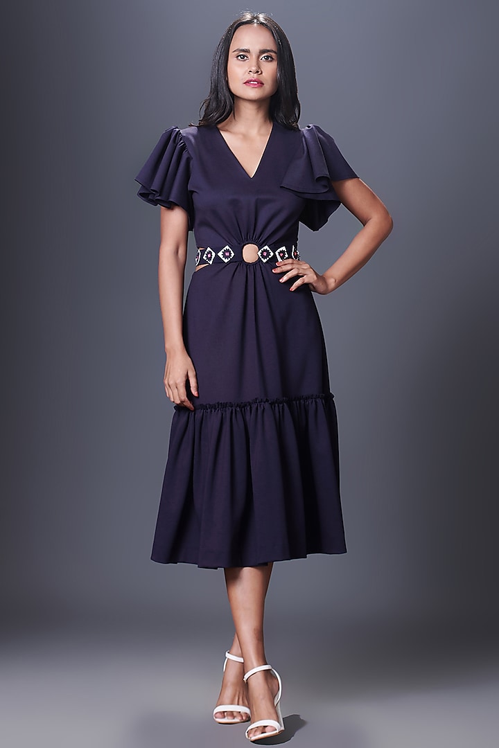 Navy Blue Ponte Roma Cut-Out Midi Dress by Deepika Arora