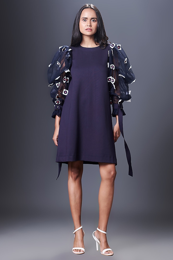 Navy Blue Ponte Roma & Net Ruffled Mini Dress by Deepika Arora