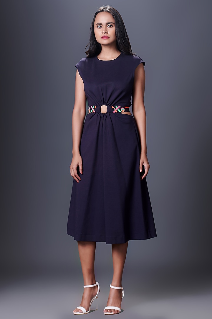 Navy Blue Ponte Roma Cut-Out Midi Dress With Belt by Deepika Arora