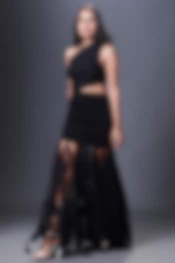 Black Ponte Roma & Net One-Shoulder Maxi Dress by Deepika Arora