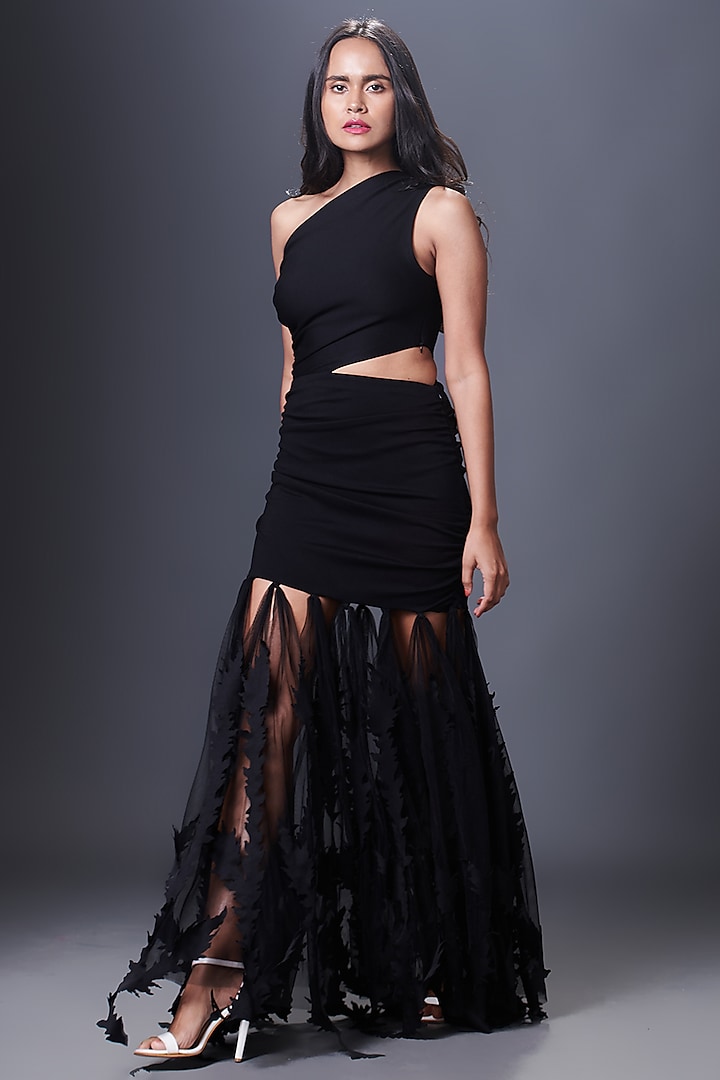 Black Ponte Roma & Net One-Shoulder Maxi Dress by Deepika Arora at Pernia's Pop Up Shop