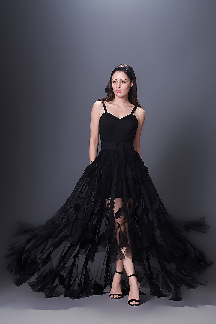 Black Ponte Roma & Net Cutwork Skirt Set by Deepika Arora