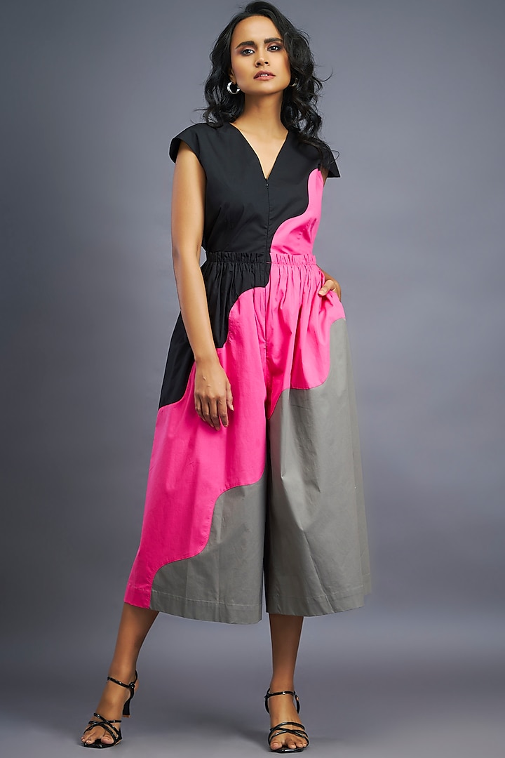 Black & Pink Cotton Backless Jumpsuit by Deepika Arora