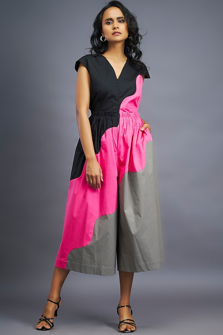 Black & Pink Cotton Backless Jumpsuit by Deepika Arora at Pernia's Pop Up Shop