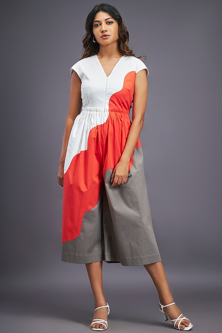 White & Orange Cotton Backless Jumpsuit by Deepika Arora